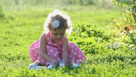 little girl playing with bunnies in a sunny green field