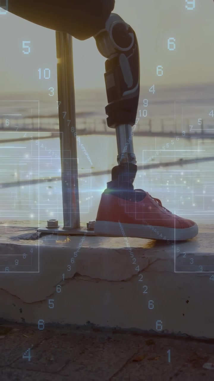 Vertical video: HUD appearing, wearer adjusting prosthetic on ledge, testing balance for rehab tech