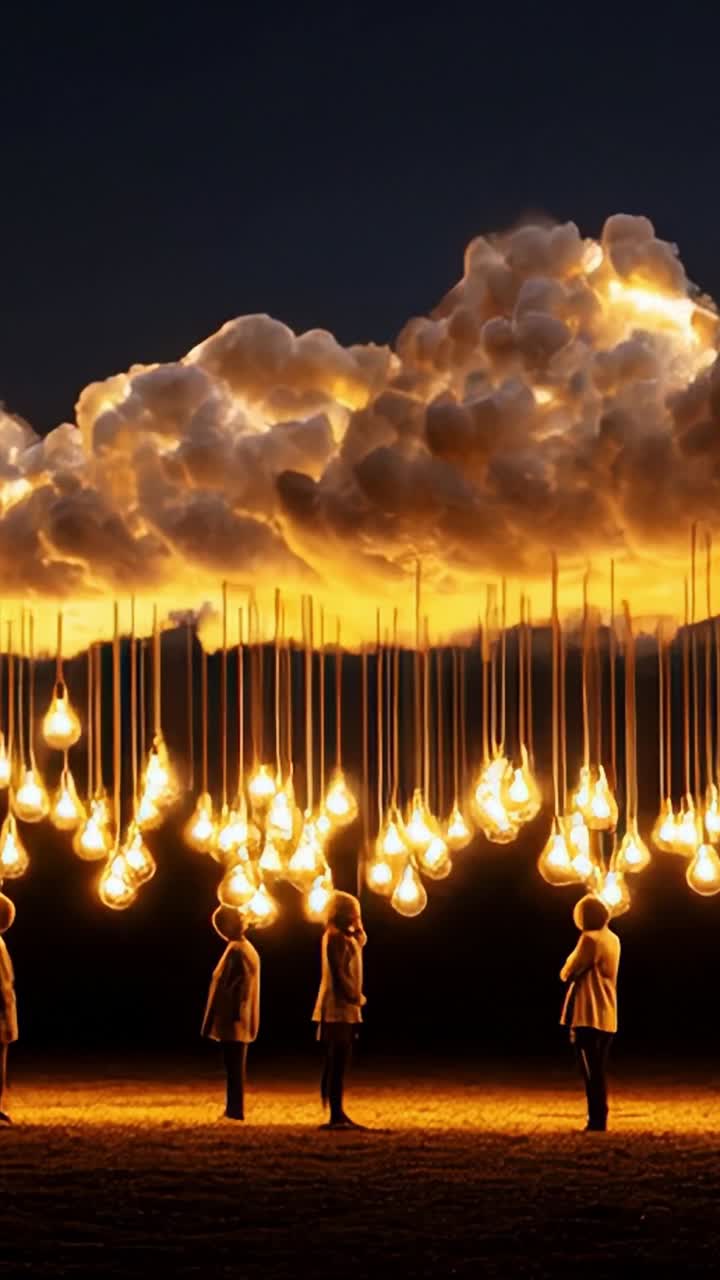 Captivating Scene of Ethereal Figures Under a Glowing Sky Filled with Lightbulbs and Clouds Evoking a Surreal and Dreamlike Atmosphere at Dusk