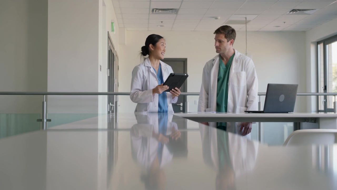 Tocando no tablet, médica de jaleco branco mostrando plano para médico no corredor, laptop