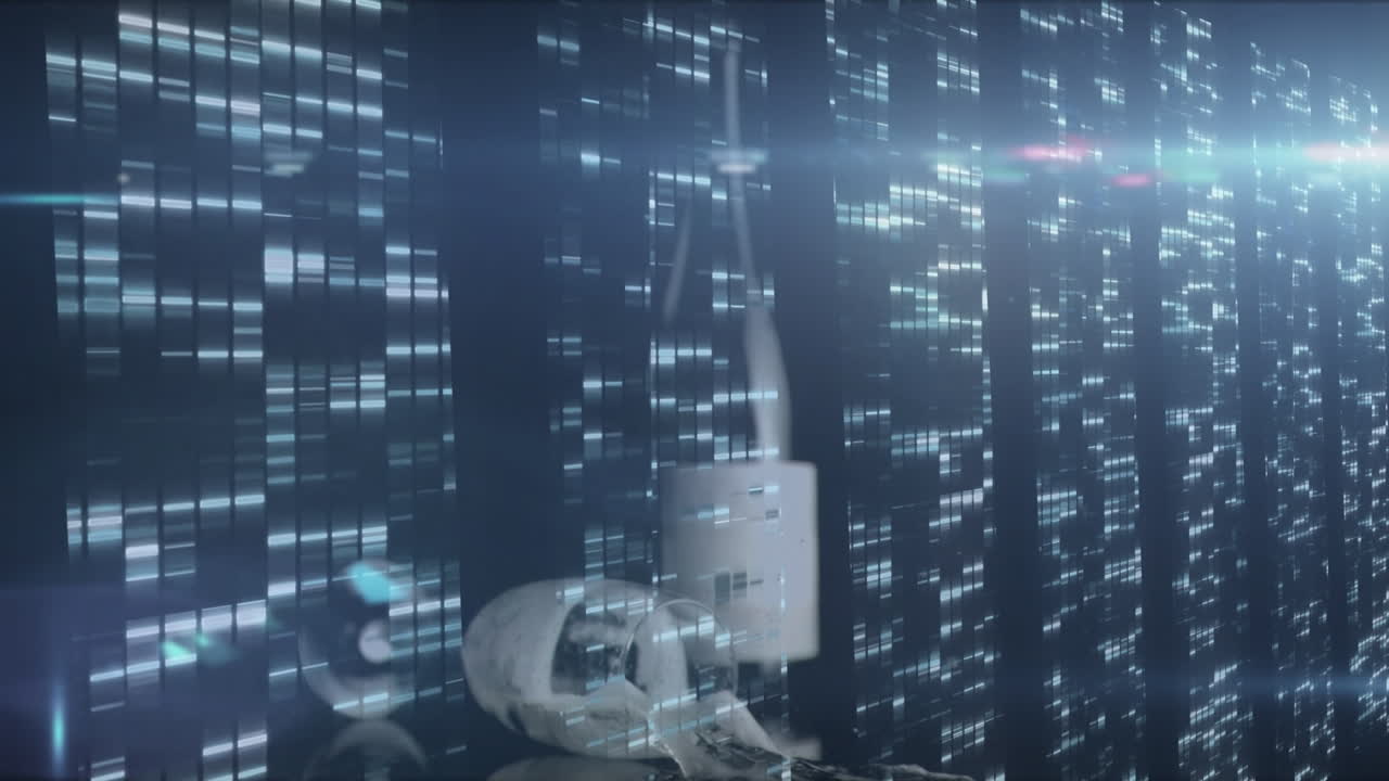 Blue spot of light and mosaic squares against champagne glass falling against blue background