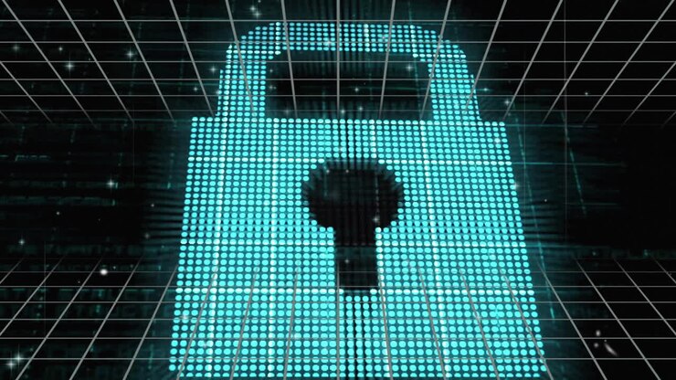 Digital lock icon animation over grid background, representing cybersecurity concept