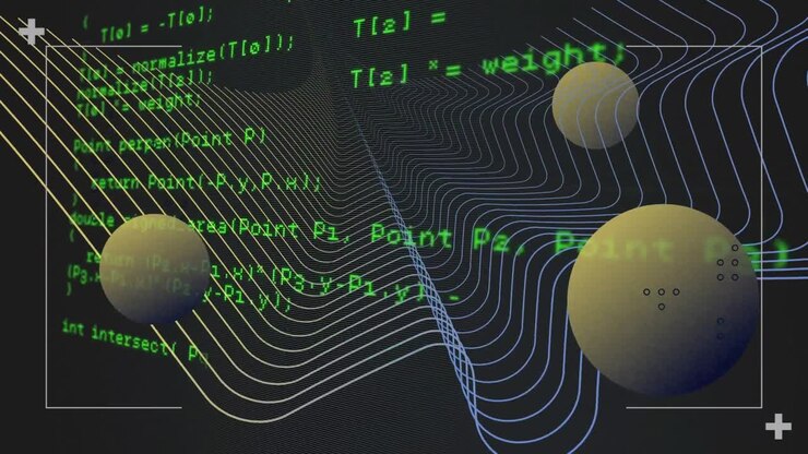 Animation of glitch effect over abstract shapes and data processing against black background