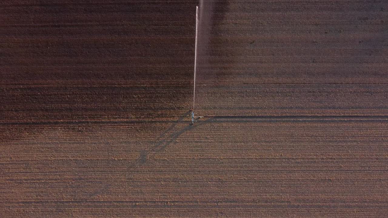 Veduta aerea dall'alto di macchinari per l'irrigazione al centro di terreni agricoli, con acqua che schizza sul suolo