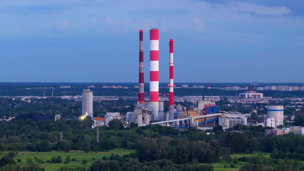 Aerial view of Warsaw's Siekierki power plant with Wilanow landmark nearby