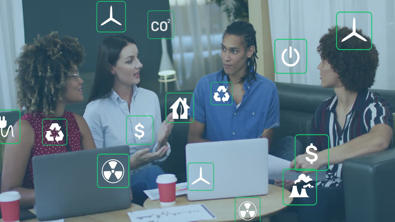 Animation of eco icons and data processing over diverse business people in office