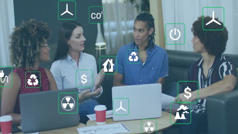 animation of eco icons and data processing over diverse business people in office