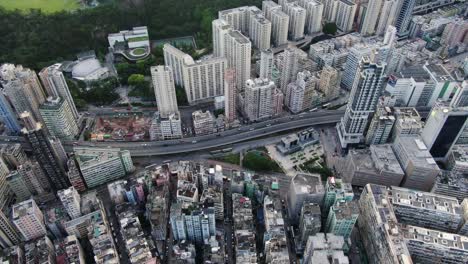 Mega-residential-buildings-in-downtown-Hong-Kong,-Aerial-view