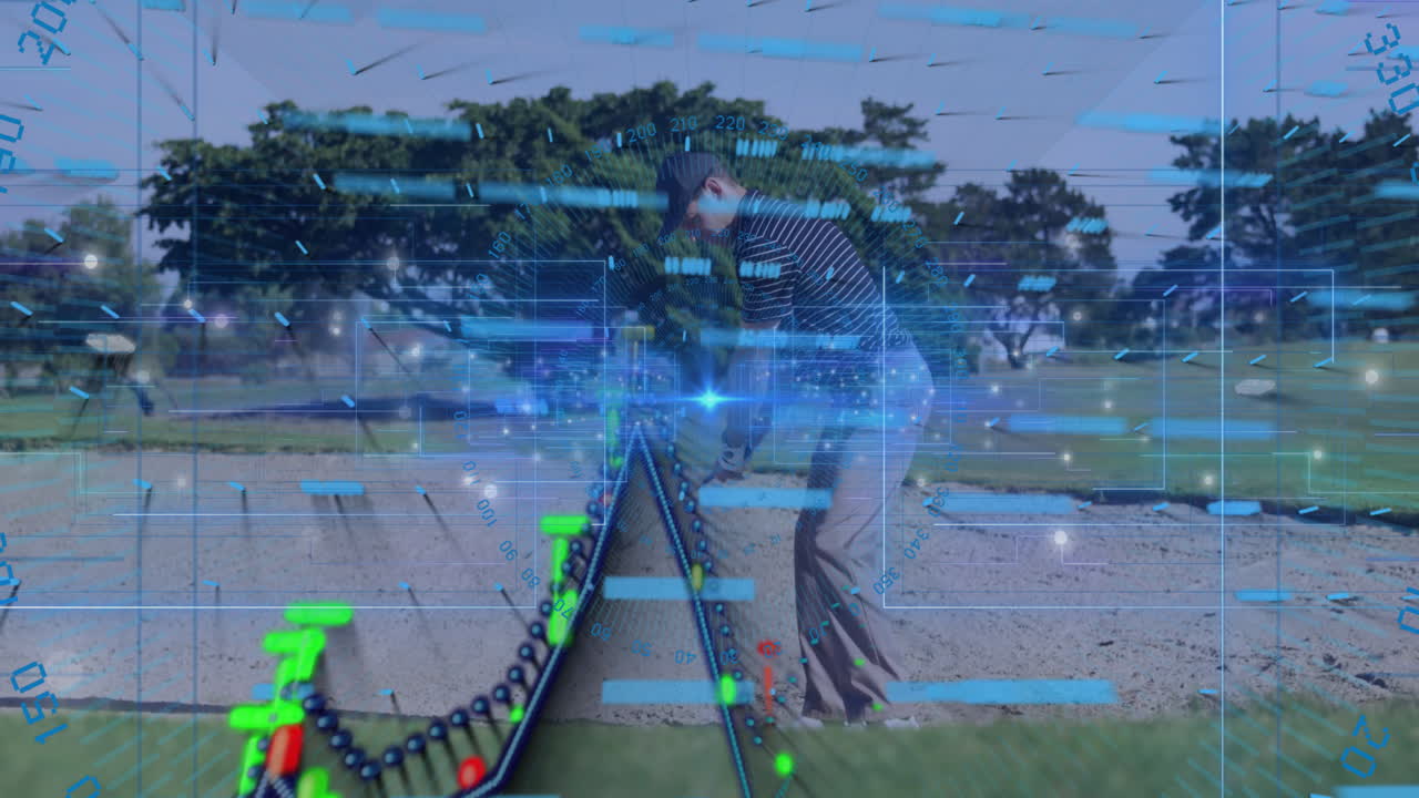 Swinging club, golfer with animation of digital data and graphs on screen