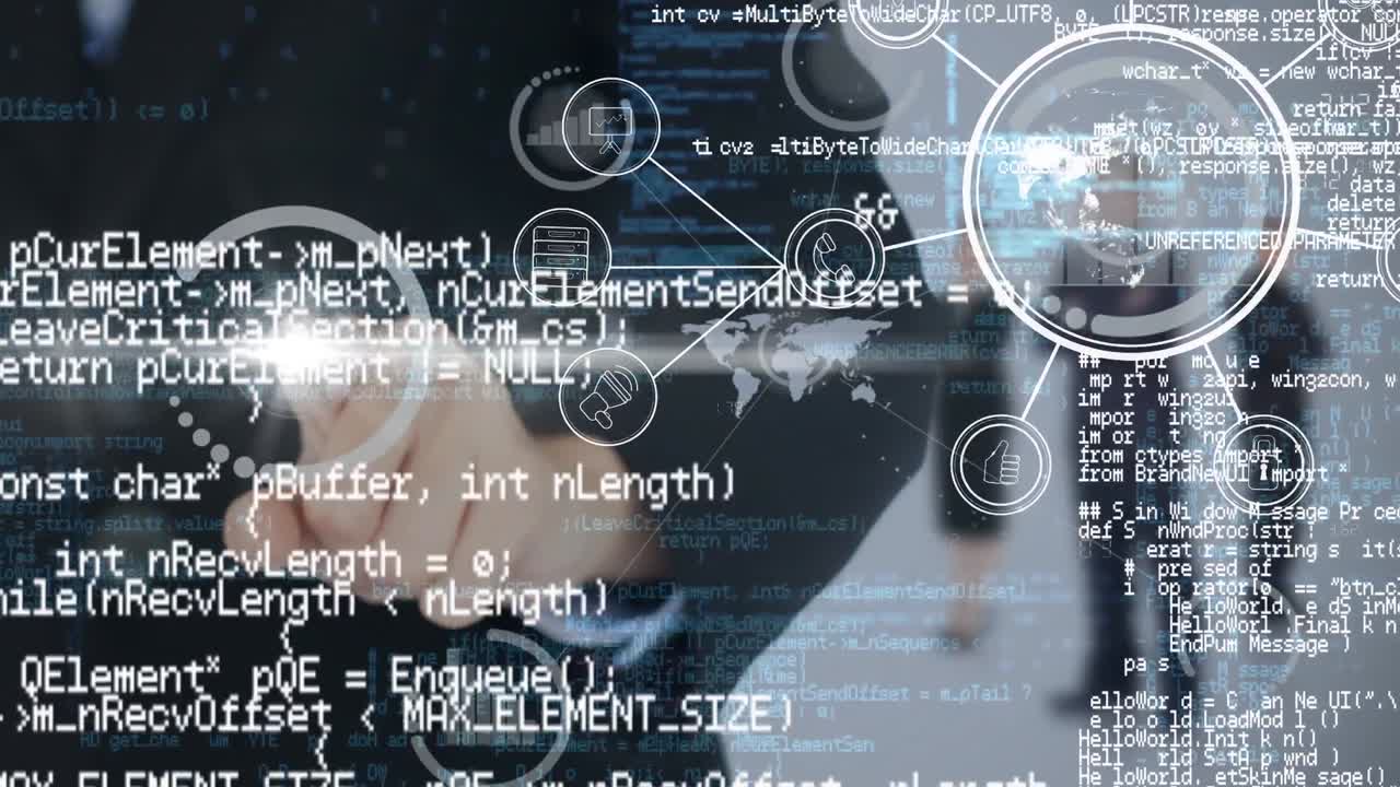 Animation of data processing and network of icons over businessman touching interactive screen