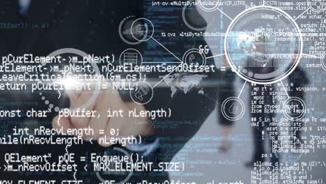 Animation-Der-Datenverarbeitung-Und-Eines-Netzwerks-Von-Symbolen-über-Einem-Geschäftsmann,-Der-Den-Interaktiven-Bildschirm-Berührt