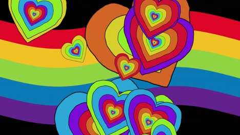 animación de corazones de arco iris sobre el fondo del arco iris