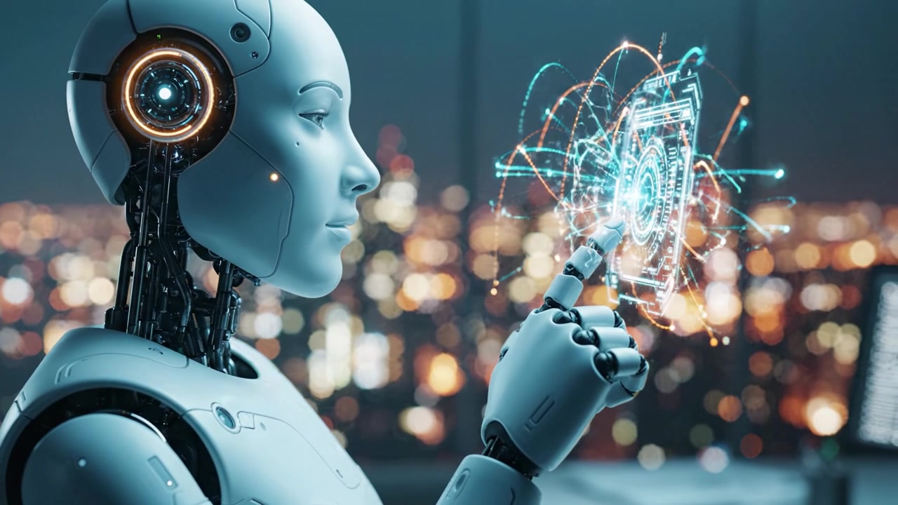 Una figura robotica futuristica interagisce con un'interfaccia olografica, dimostrando tecnologia avanzata e intelligenza artificiale in un paesaggio urbano visivamente sbalorditivo.