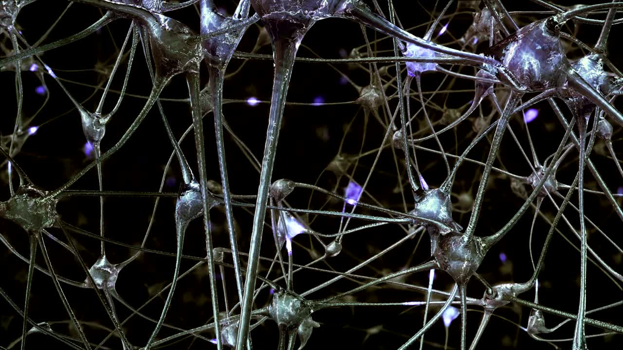 viaje a través de una red de células neuronales y sinapsis en el cerebro a través de la cual pasan impulsos eléctricos y descargas