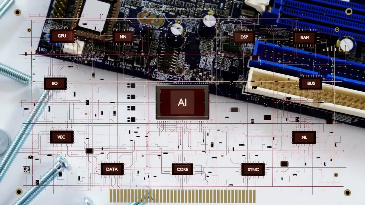 Blocco AI che appare come sovrapposizione formando tessere etichettate che collegano l'IA, telecamera che si allontana mostrando una mappa hardware