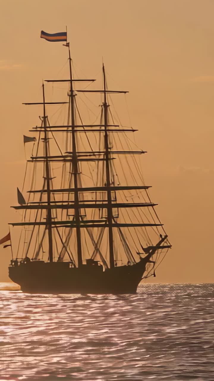Vertical video: Camera panning right revealing sailing ship gliding eastward on ocean, with flags