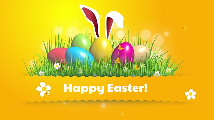 Rabbit with Easter eggs on green grass. Yellow festive animated background with flowers and butterflies. Happy Easter. Looped video.
