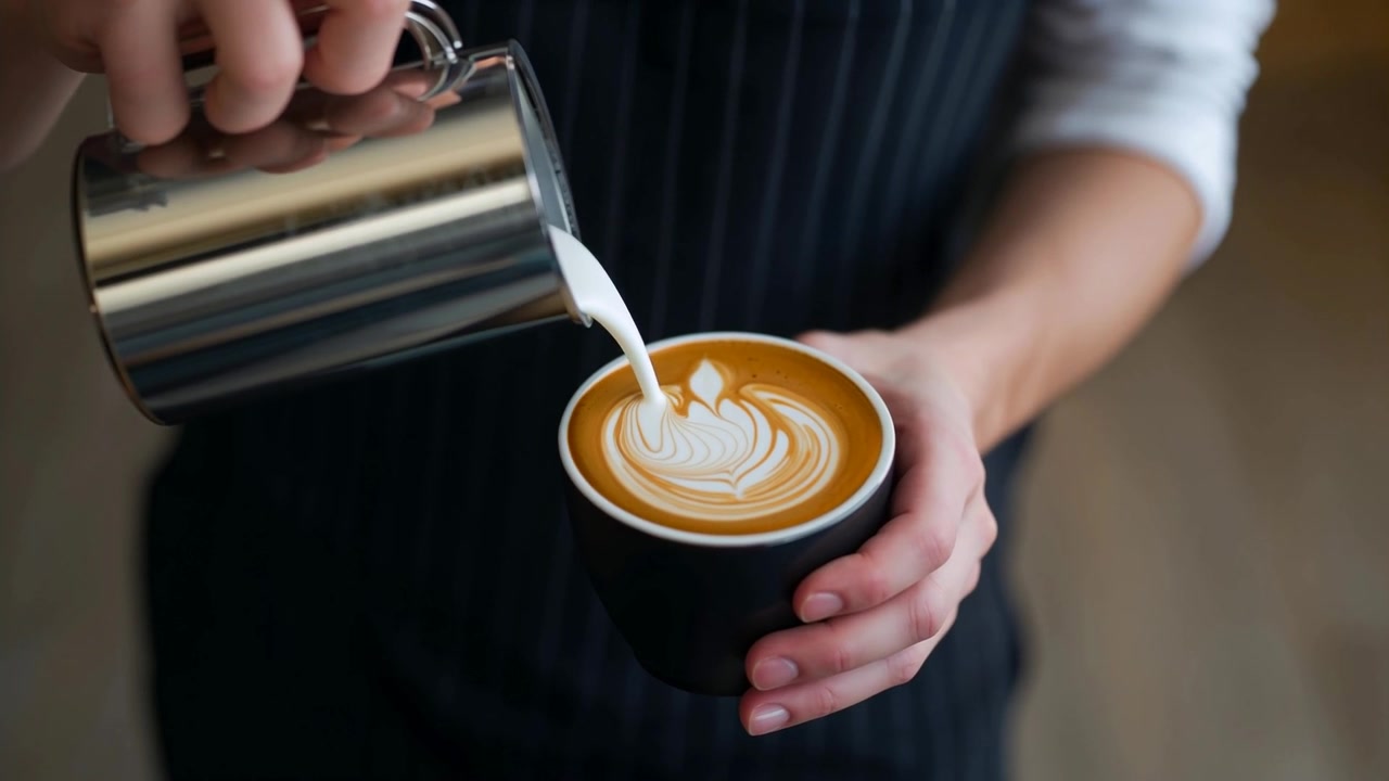 Barista con grembiule a righe che, inclinando la brocca, versa il latte in una tazza nera, creando latte art in una caffetteria.