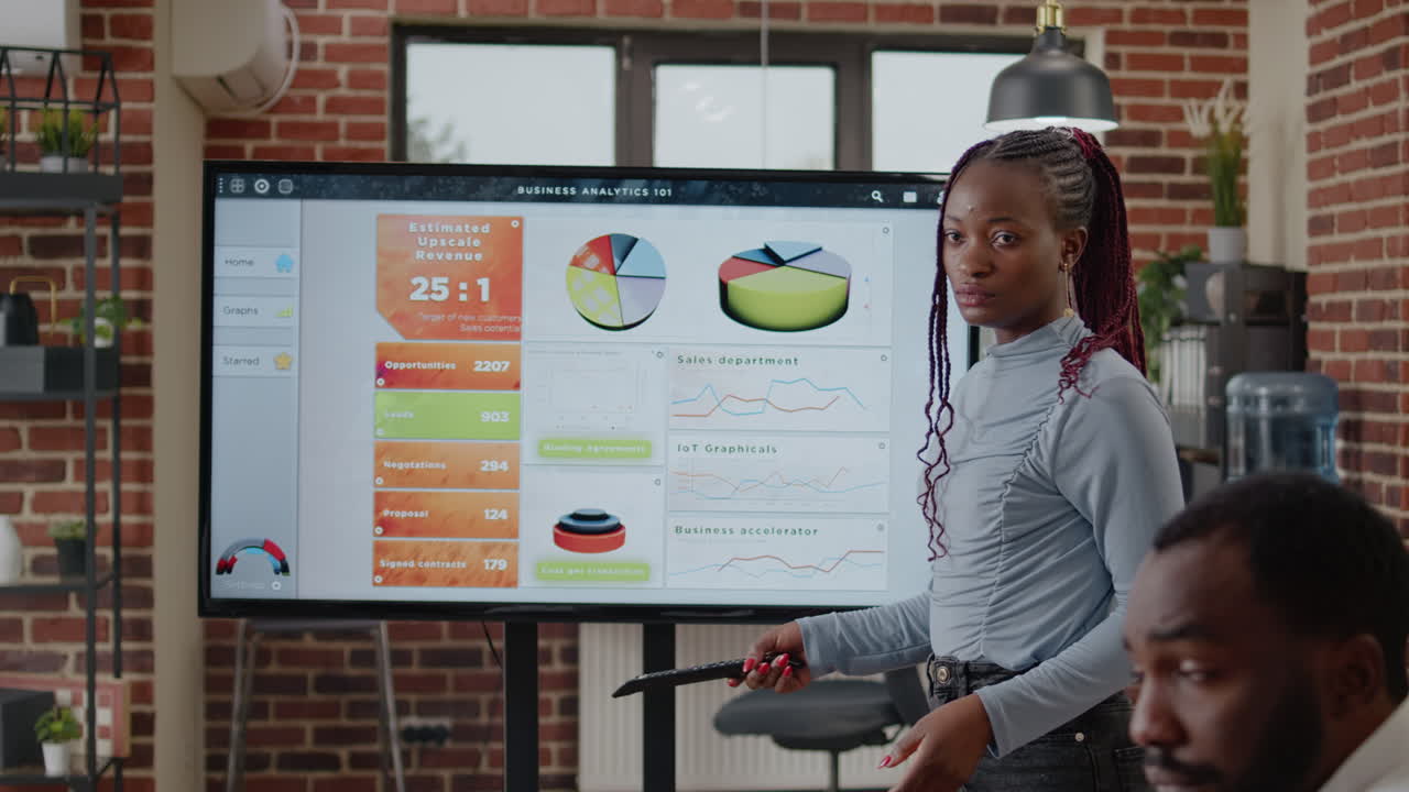 Close up of woman doing business presentation in boardroom