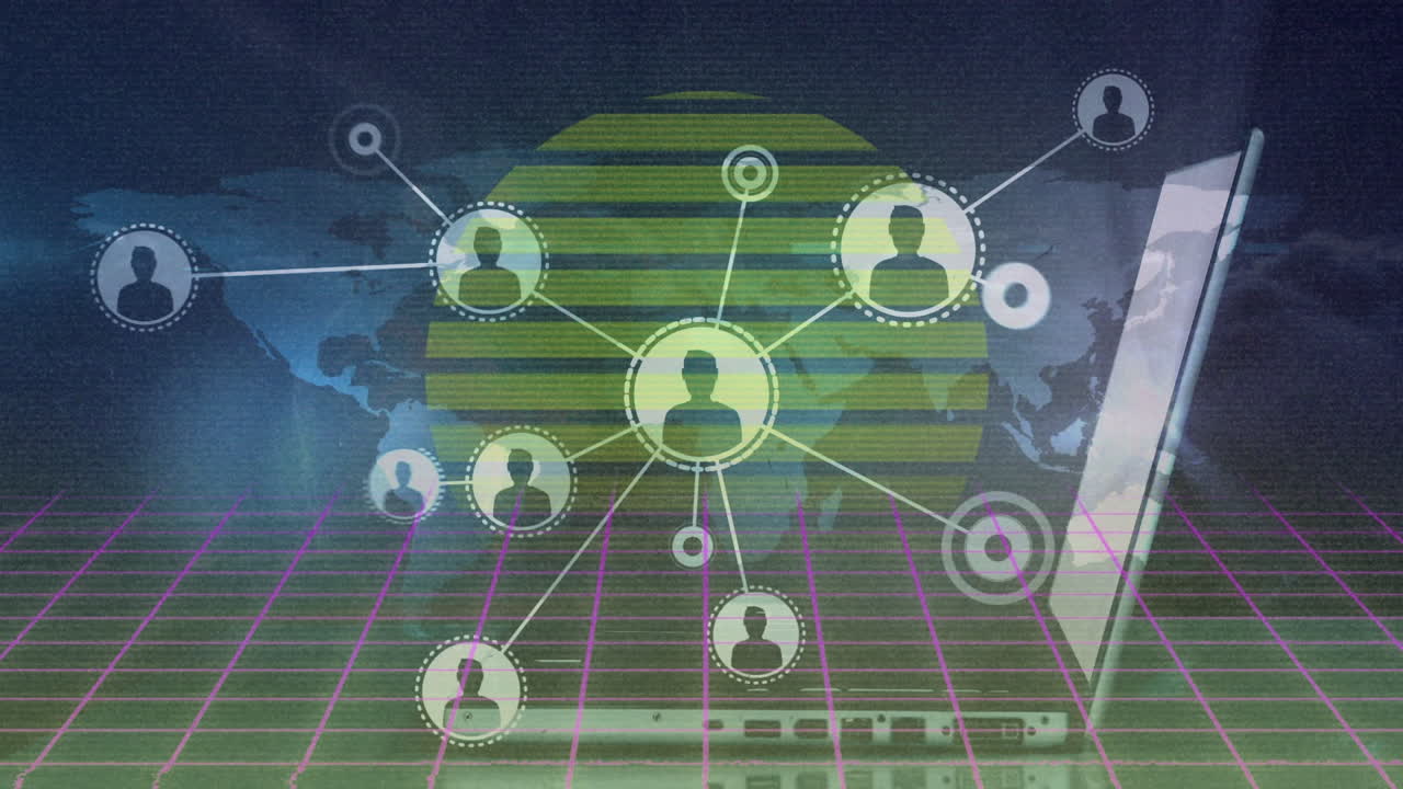 노트북 및 세계 지도에서 사람 아이콘과 연결된 네트워크의 애니메이션