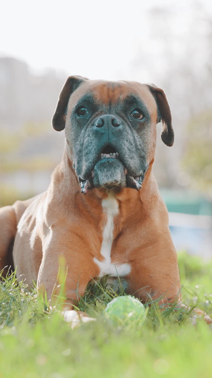 Boxer dog lying on grass with ball