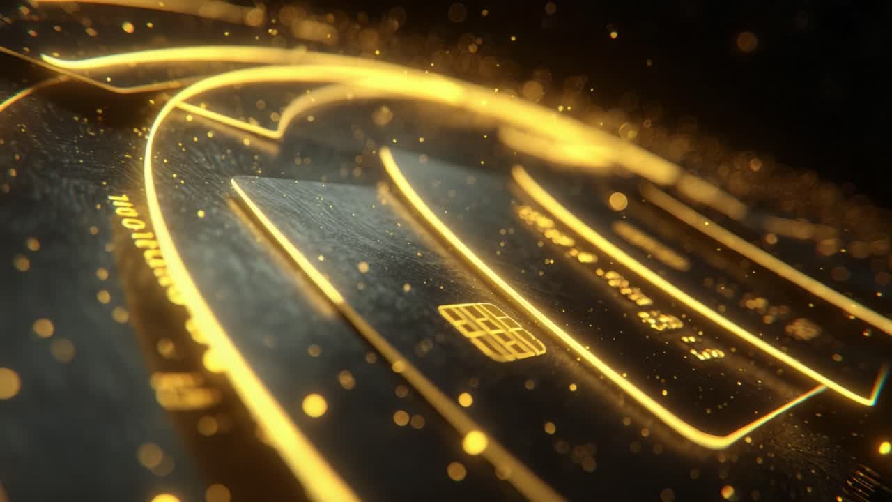 Elegant black credit card with a glowing gold chip and numbers sliding in a circle with flowing light trails and particles, symbolizing digital payment, wealth, and secure finance