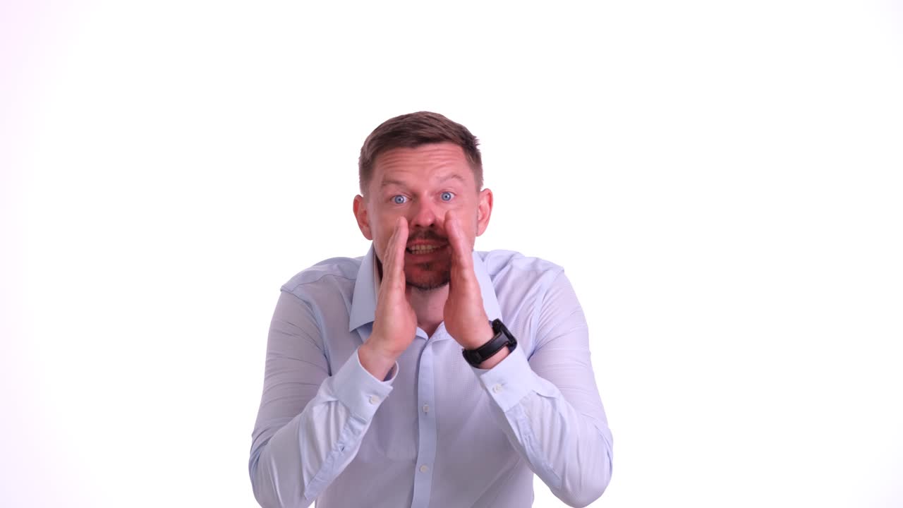 Man Shouting or Calling Out with Cupped Hands on White Background
