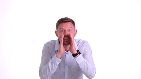 man shouting or calling out with cupped hands on white background