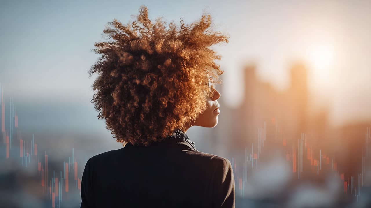 Contemplating Success: A Woman with Curly Hair Gazes Over a City Skyline at Sunset, Symbolizing Ambition and Future Opportunities