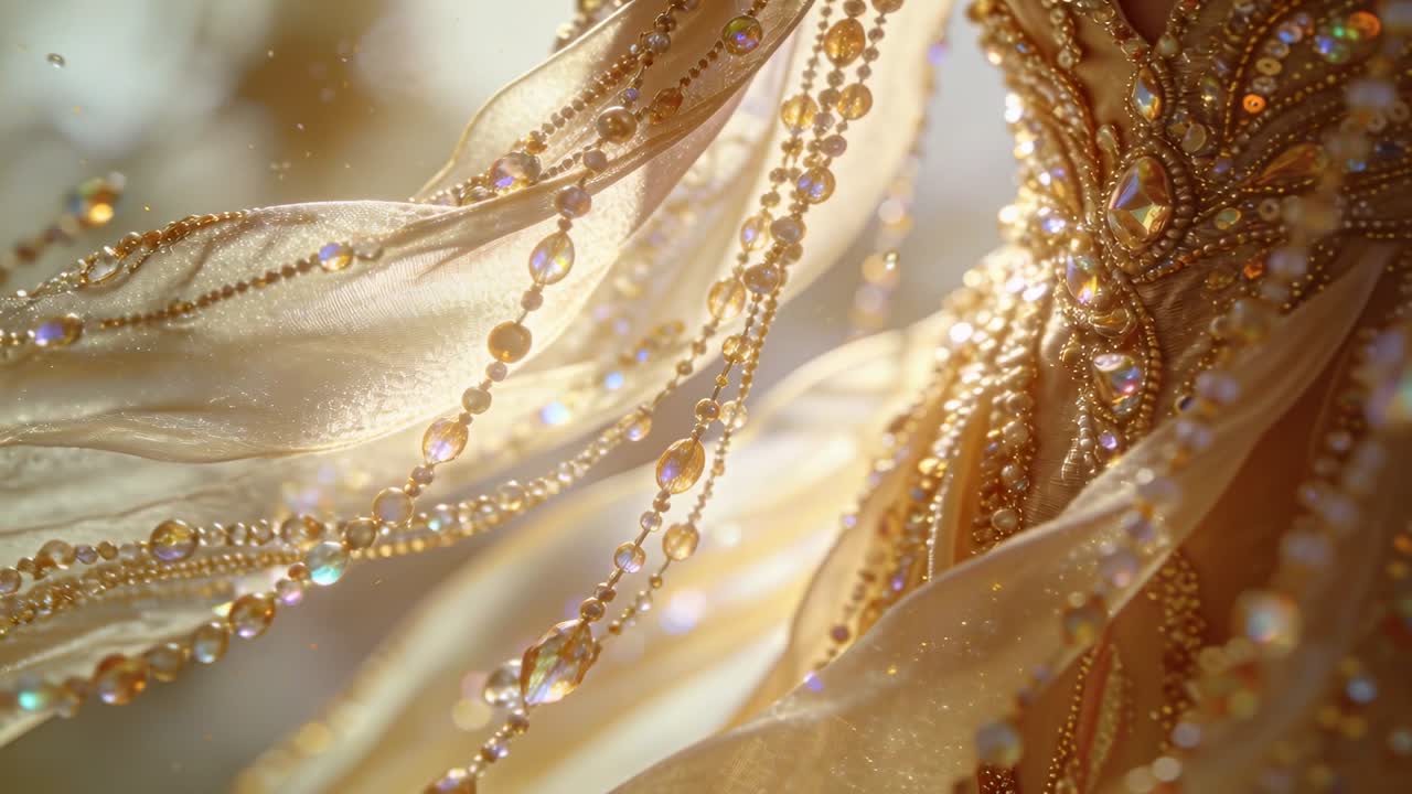 Tessuto con perline dorate scintillanti e gocce di cristallo che fluttuano in studio, una retroilluminazione rivela un ricamo.
