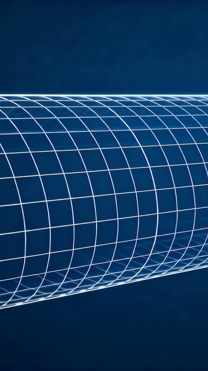 Playback starting, wireframe cylinder scrolling right, revealing deep blue gradient for technology