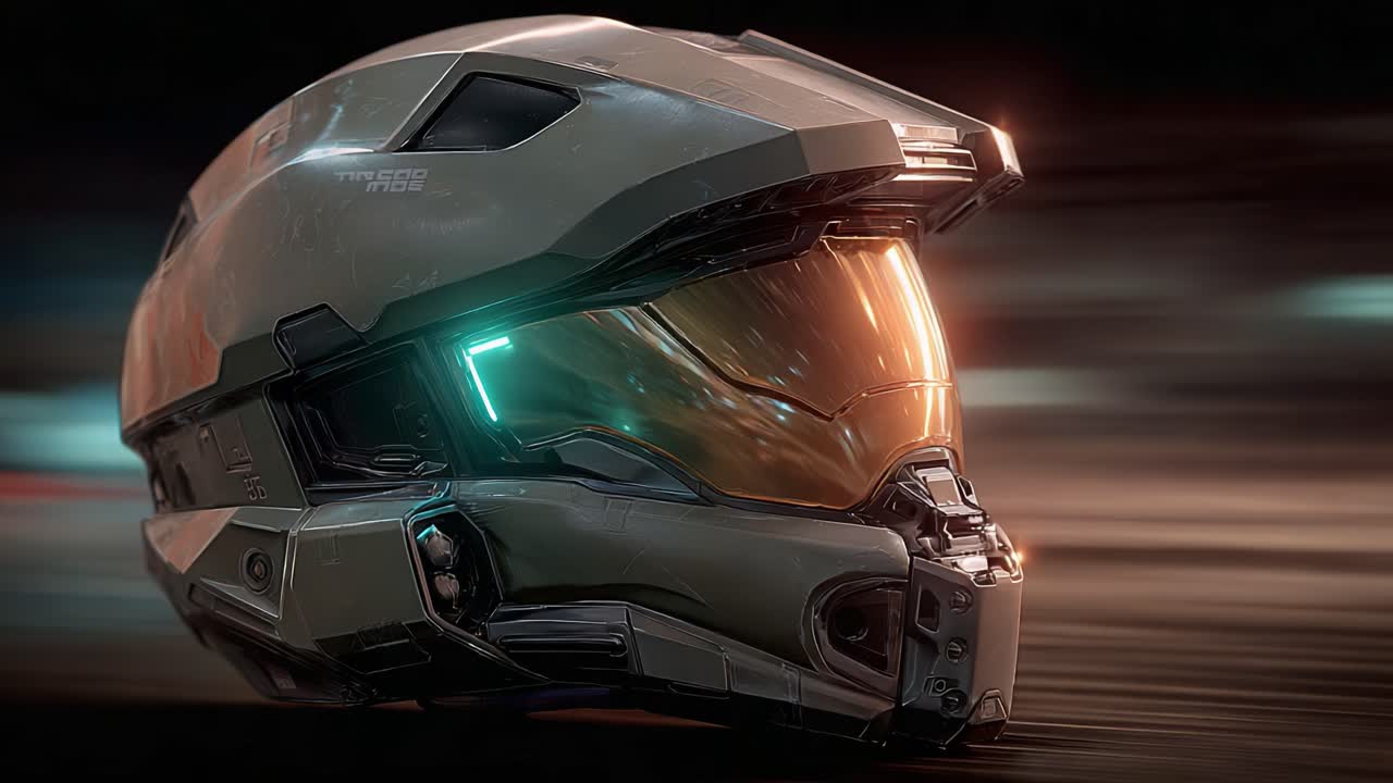 A futuristic high-tech helmet showcasing advanced design and engineering, featuring sleek lines and glowing elements that highlight its innovative appeal in a dynamic setting