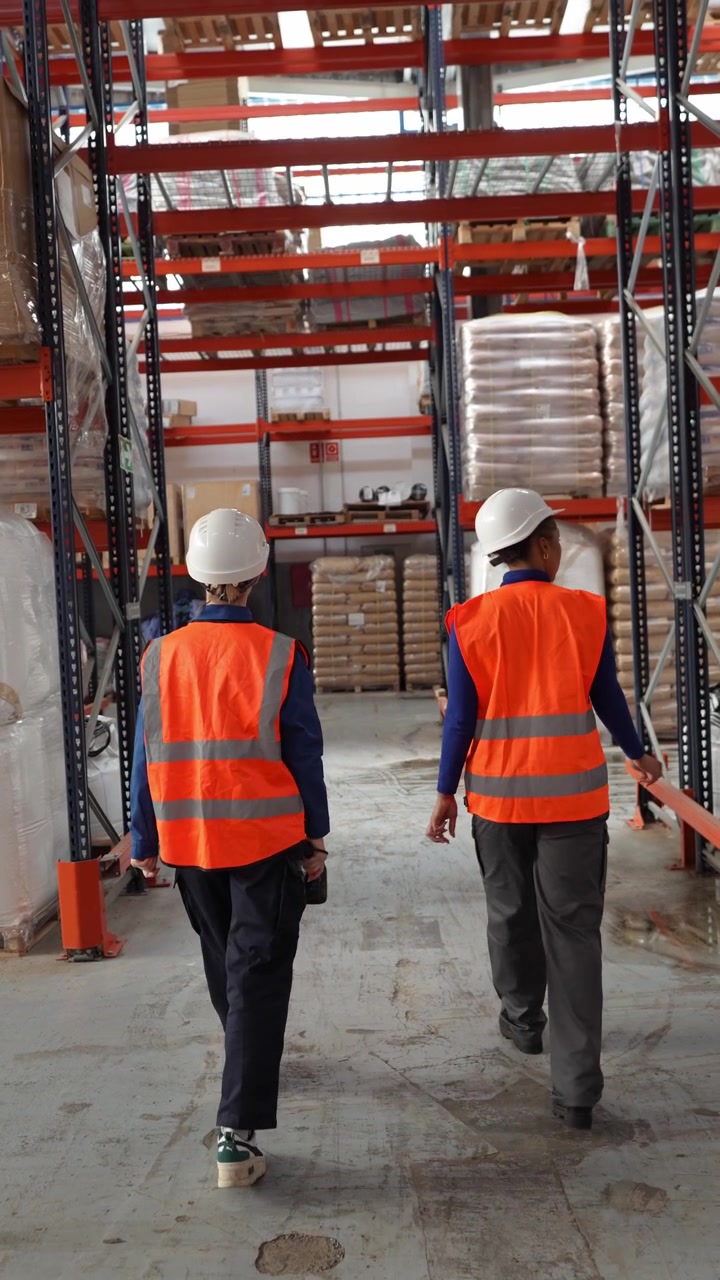 Warehouse Workers Walking Through Aisle in Distribution Center