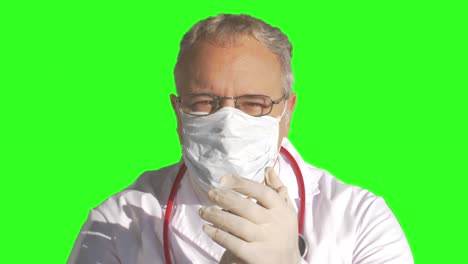 retrato de un epidemiólogo aplaudiendo protegiendo a los pacientes del coronavirus covid-19 con máscara. epidemia pandémica global, europa, italia, estados unidos. tecla de croma de pantalla verde previamente activada