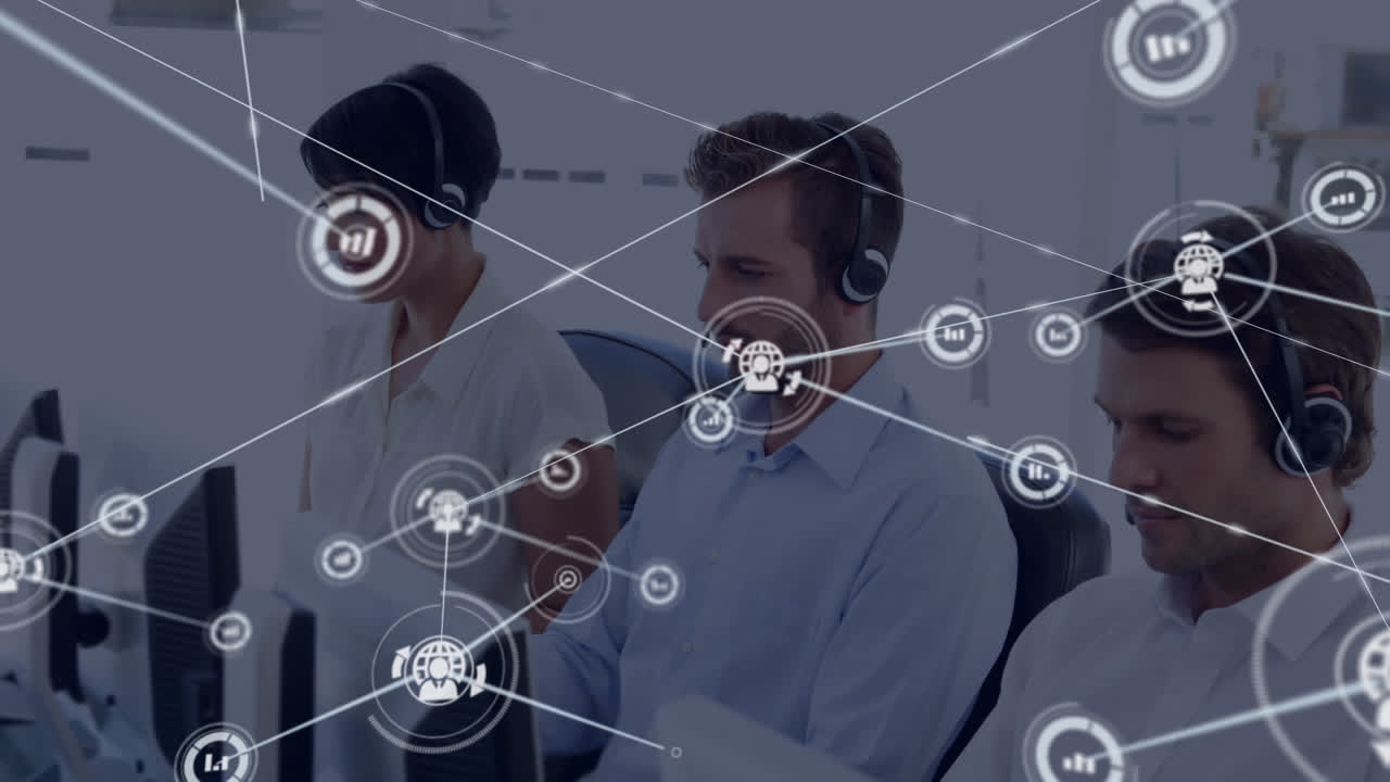 Animation of connected icons over diverse customer representatives working on computer in office