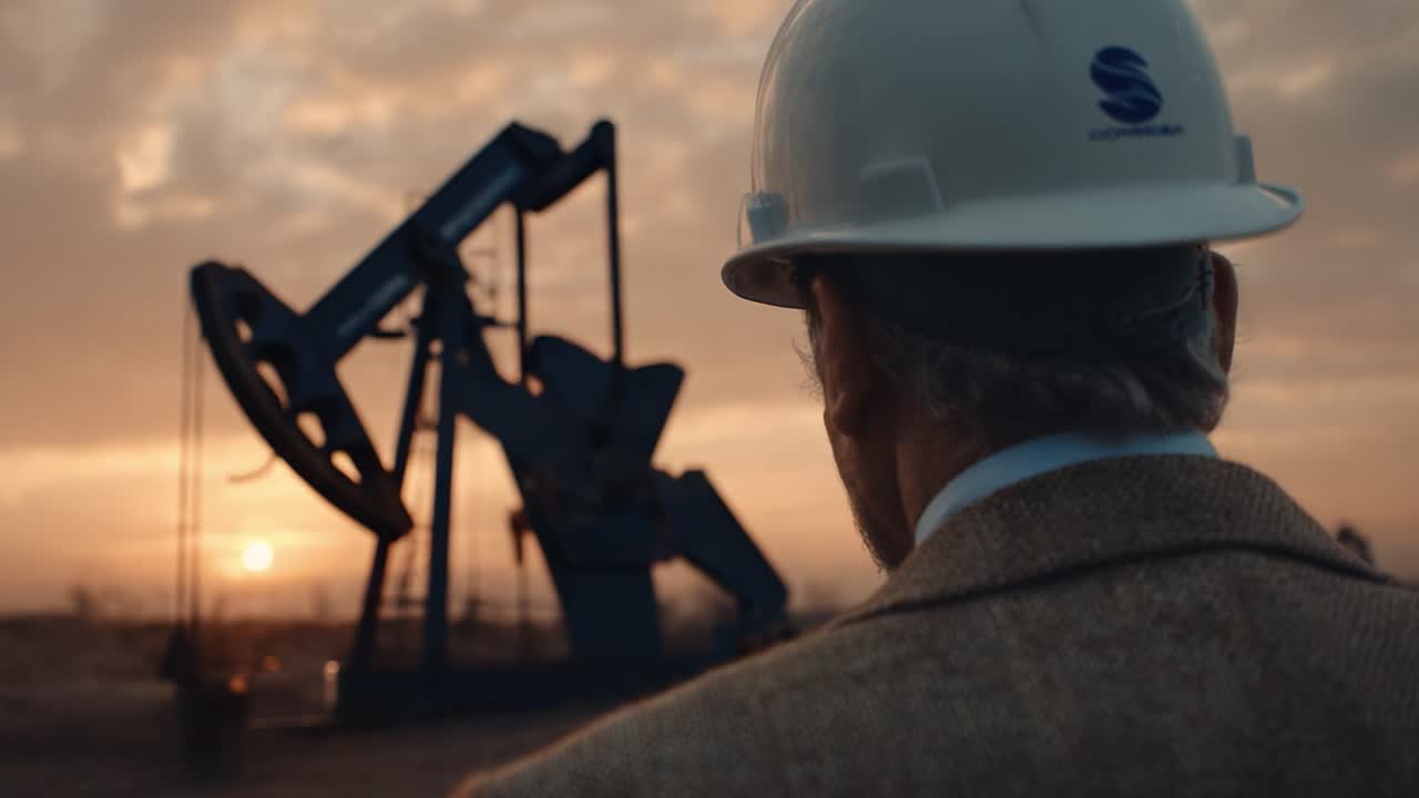 A Reflective Moment: An Oil Industry Professional Observes Pumping Operations Against a Dramatic Sunset Backdrop