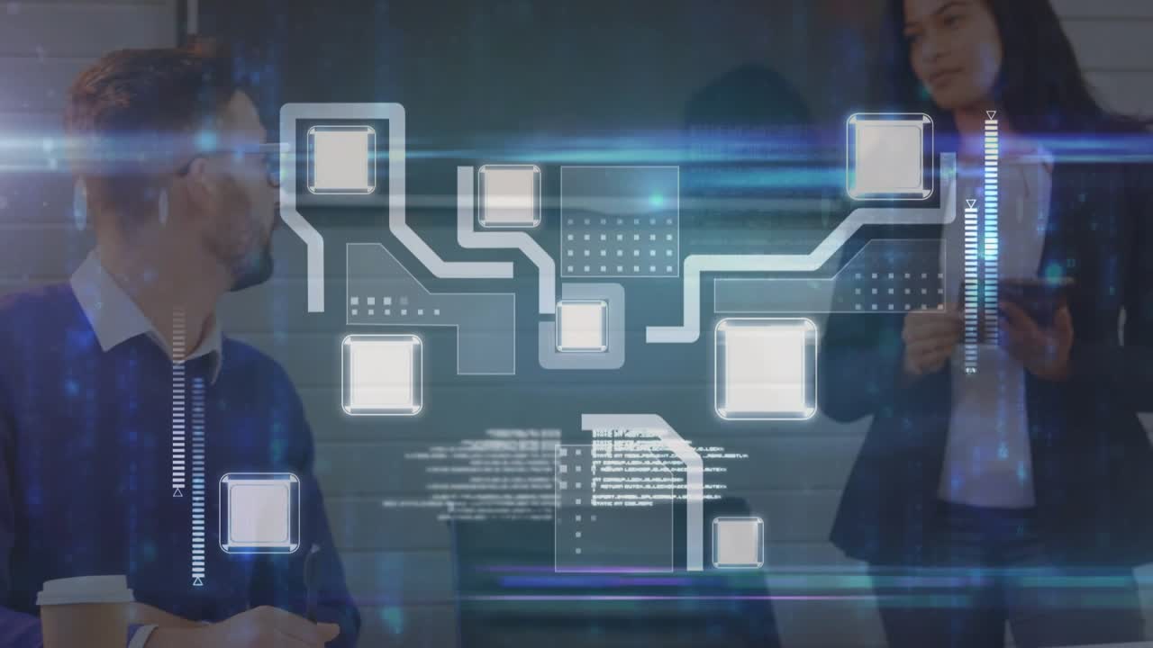 Man reviewing as woman tapping tablet animating network nodes and data bars in tech meeting