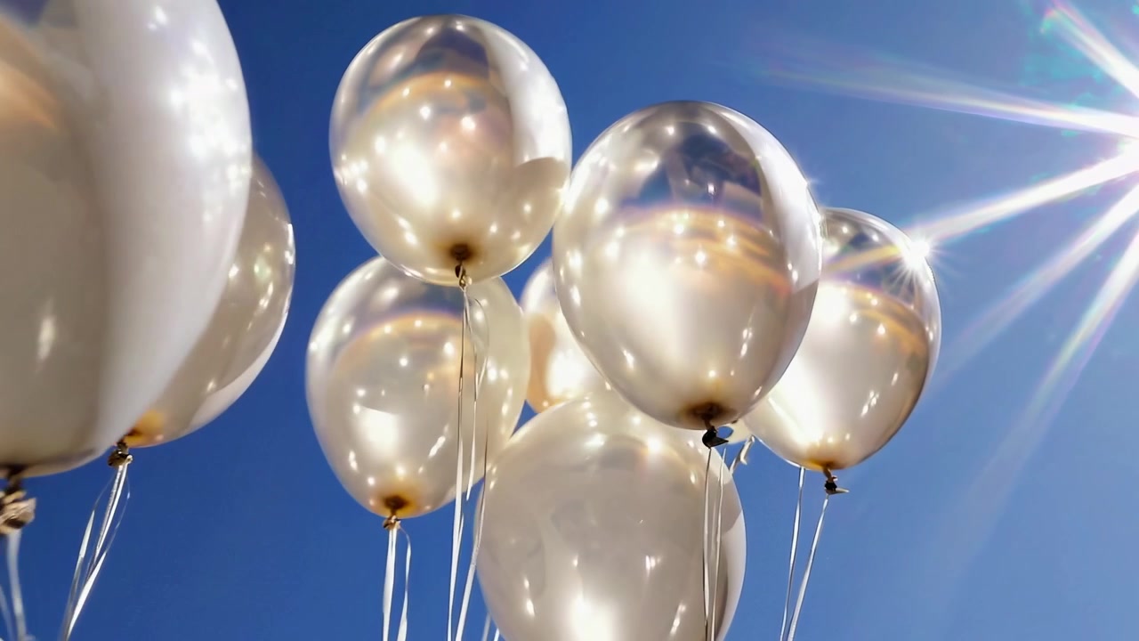 Grappolo di palloncini bianchi che fluttuano contro un cielo azzurro brillante