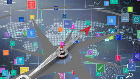 animación de iconos digitales sobre la brújula y el mapa del mundo