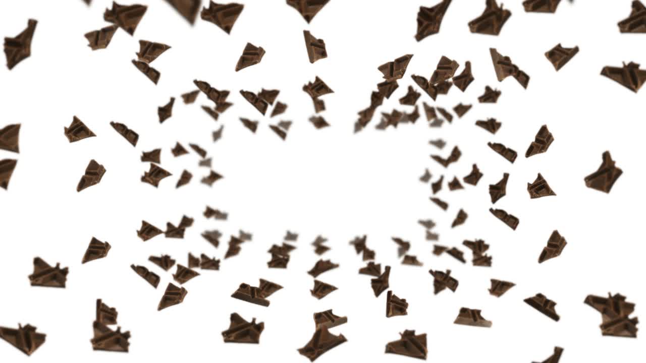 검은 바탕에 많은 초콜릿 조각을 날아. 음식과 과자. 우유와 어두운. 초콜릿 회전의 3d 루프 애니메이션.