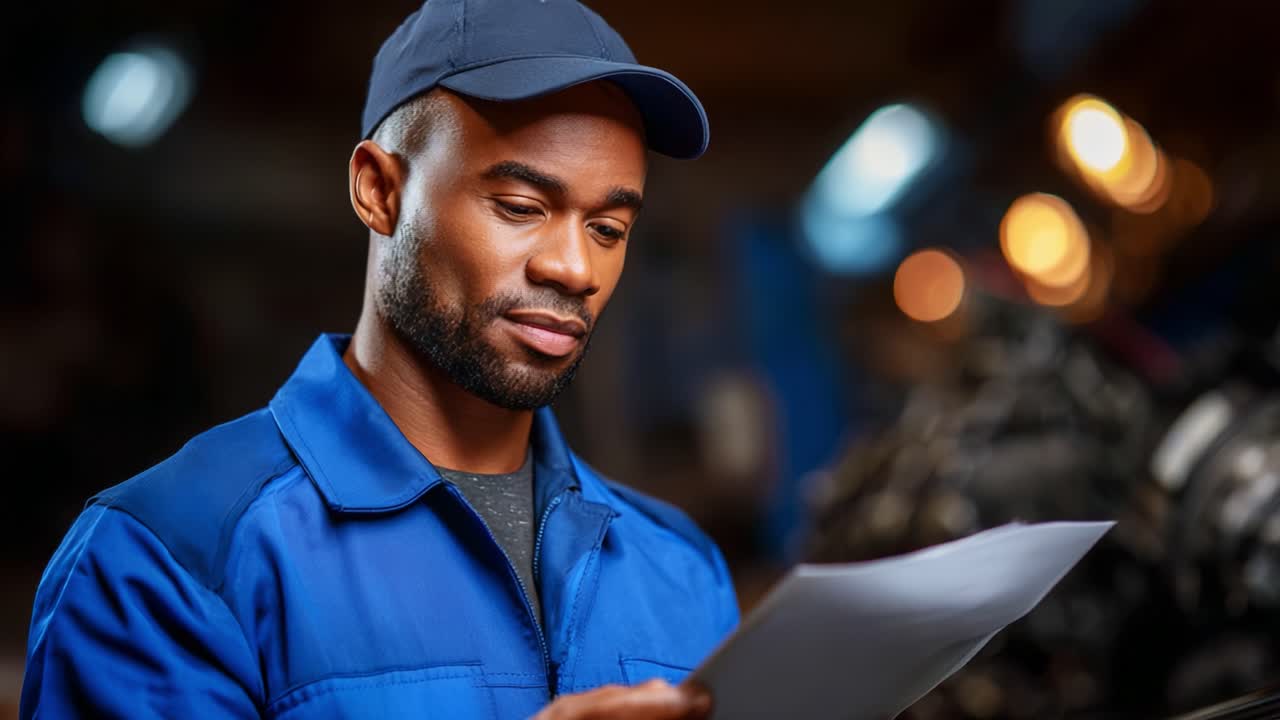 Focused Mechanic Reviewing Important Document in Workshop Under Warm Ambient Lighting – A Close-up of Concentration and Professionalism in Action