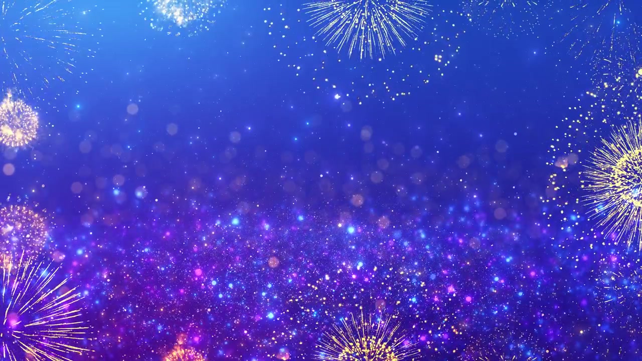 황금빛 불꽃, 보라색 반짝이, 부드러운 보케, 그리고 여백이 있는 파란색 축하 배경