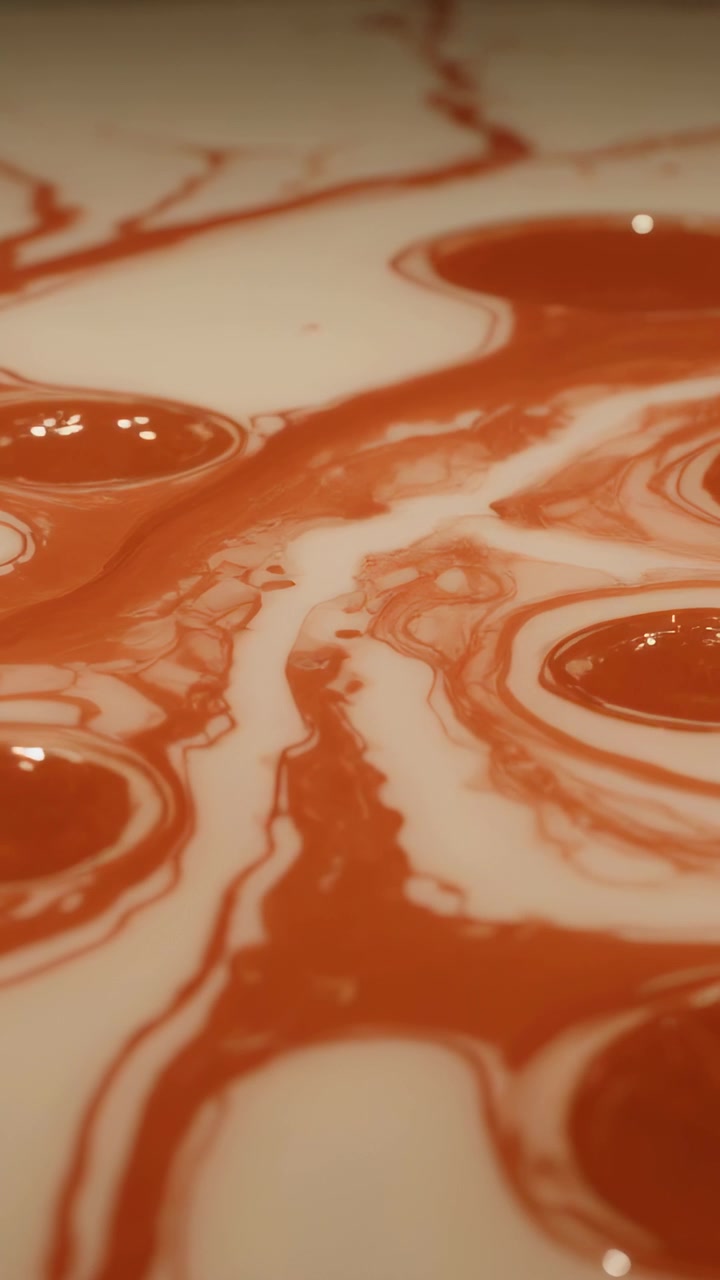 Video verticale: Gocciolina che atterra causando la diffusione di pigmento arancione in venature e pozze rotonde su un vassoio.
