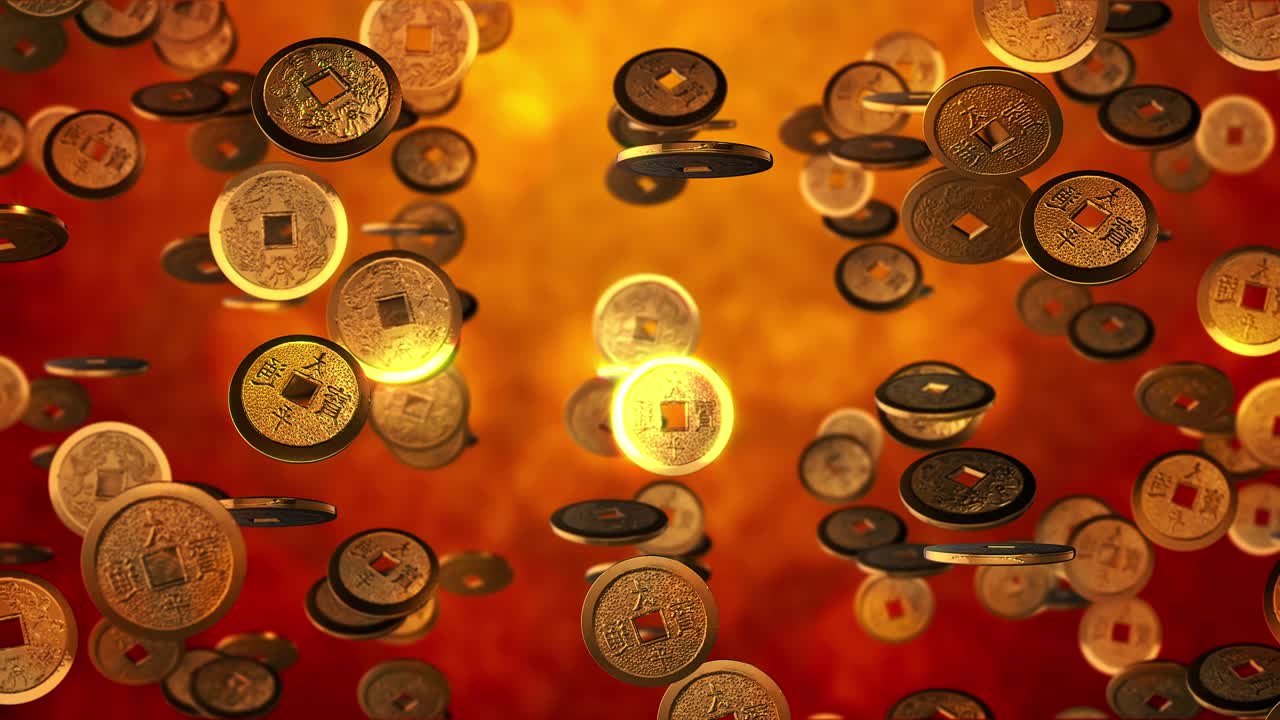 중국 신년 배경, 금 동전, 3d 텍스처, 3d 렌더링, 4k, 원활한 루프