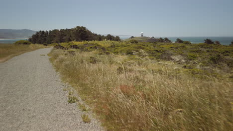 Slow-motion-shot-of-a-beautiful-California-seaside-trail-with-grasses-blowing-in-the-wind-and-the-ocean-in-the-background