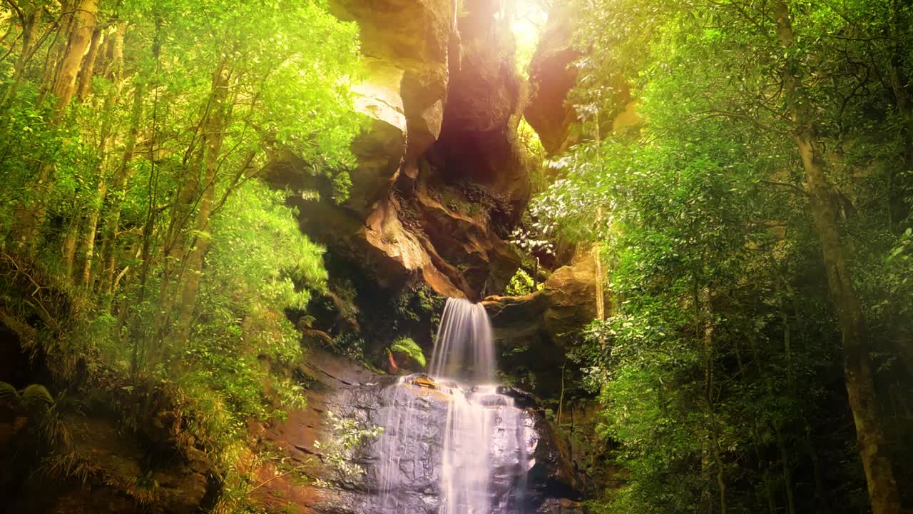 Stunning slow shutter timelapse of a beautiful waterfall in the Blue Mountains Australia. Shot at Empress falls, we see cascading falls, green leaves, warm sun, rocks, trees and nature