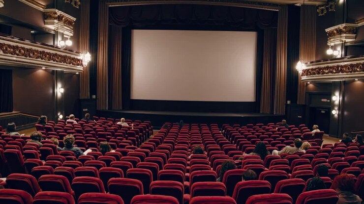Wide-angle shot of a vintage theater with red seats and ornate decor, capturing an audience waiting