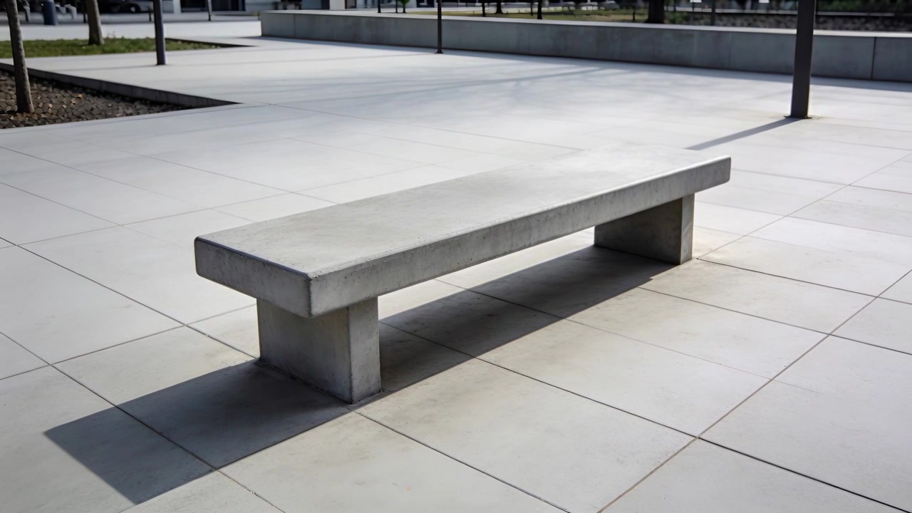 Câmera movendo-se para a direita, afastando-se, revelando mais da praça, enquadrando um banco de concreto, projetando sombra.