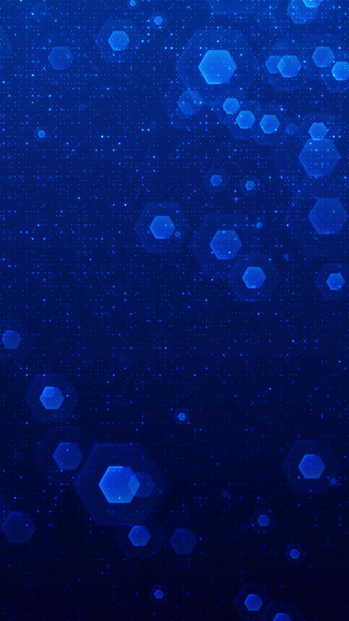 Sfondo tecnologico con particelle esagonali blu, texture digitale puntinata e forme poligonali luminose