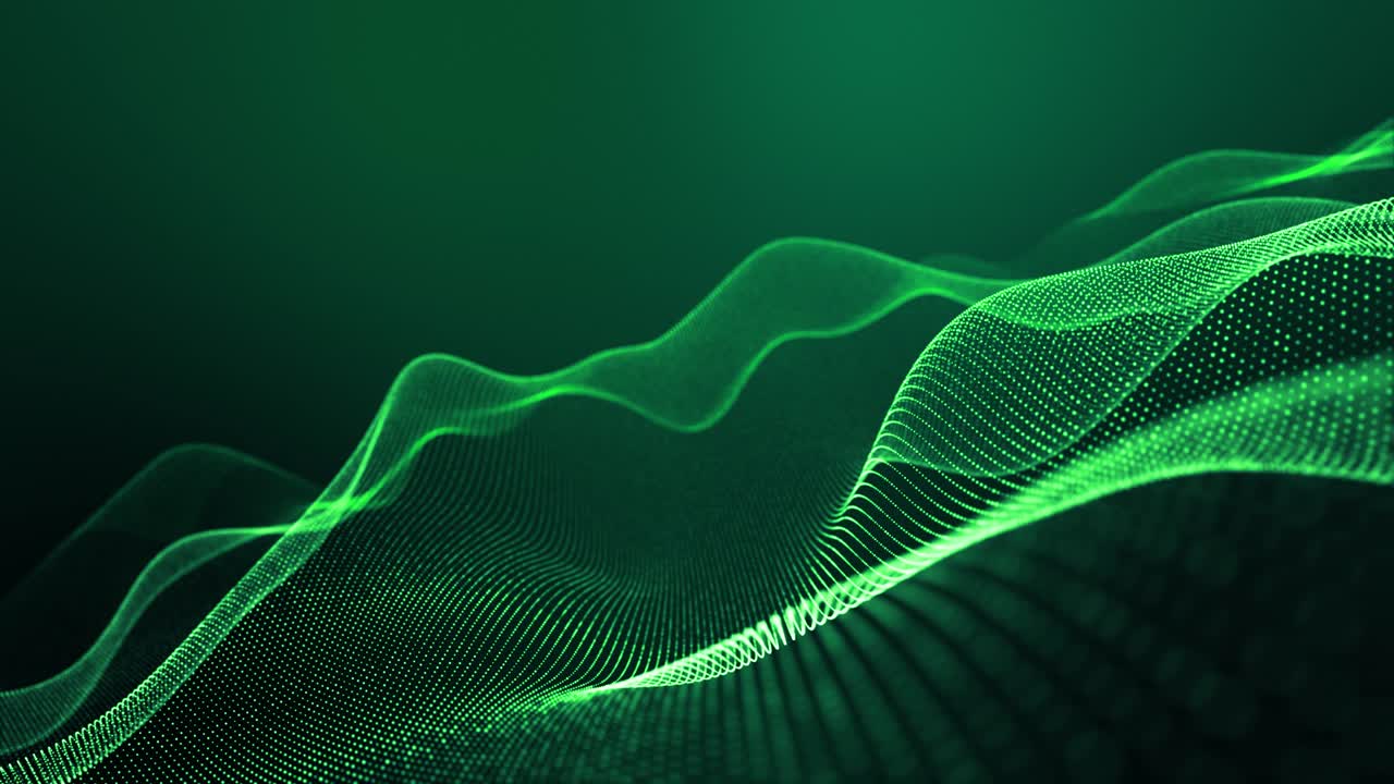4k looped abstract green background of glow particles form lines, surfaces, structures as futuristic landscape in cyberspace or hologram. Sci-fi theme with DOF, lighting effects and bokeh.